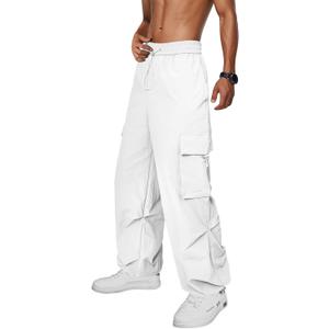 Zando Cargo Pants for Men Baggy Joggers Parachute Pants Waterproof Hiking with Pockets Drawstring Trouser (Small, White)