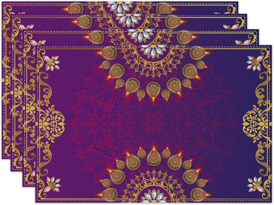 Linen Diwali Placemats Set of 4 Indian Diwali Decorations and Supplies for Home Kitchen Dining Room Table