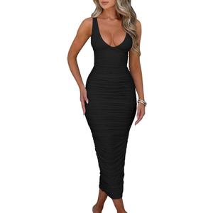 BEAGIMEG Women's Sexy Ruched Sleeveless Deep V Elegant Cocktail Evening Party Maxi Dress (Large, Black)