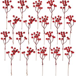 Fangoo 20 Pack 7 Inch Artificial Red Berry Picks for Christmas Tree Burgundy Red Berries Stems Holly Berry Branches Ornaments Wreath Crafts Wedding Holiday Season Winter Home Decor