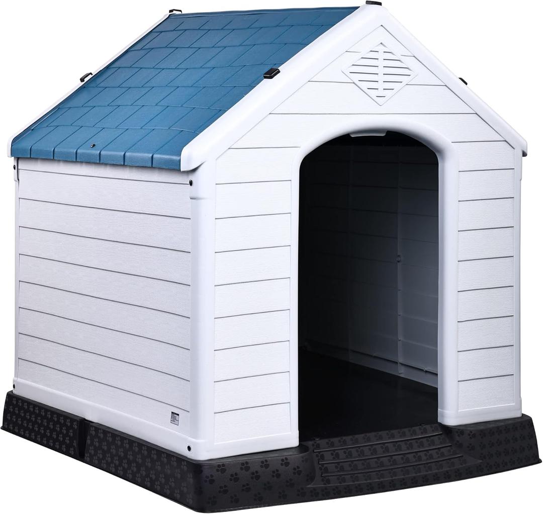 Elevon Plastic Dog House, Insulated Doghouse Puppy Shelter, Water Resistant Easy Assembly Sturdy Dog Kennel with Elevated Floor and Air Vents, Ventilate for Small to Large Sized Dogs (29-Inch, Blue)