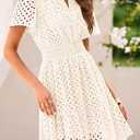 PRETTYGARDEN Womens 2026 Summer Short Dress V Neck Short Sleeve A Line Hollow Out Lace Cute Casual Beach Party Spring Dresses (White, L)
