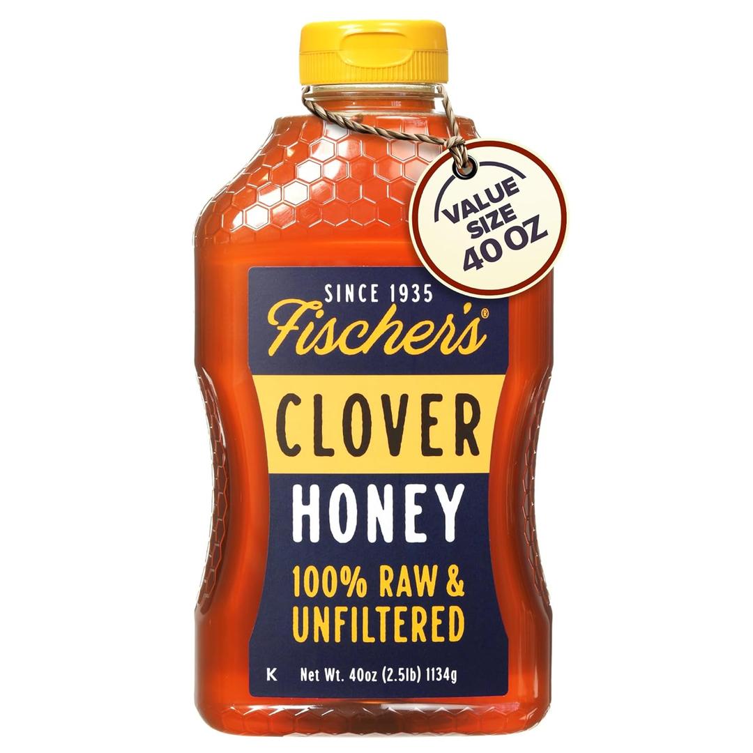Fischer's Pure Clover Honey 40 oz 100% Pure, Raw and Unfiltered Honey in a Squeeze Bottle All-Natural Sweetener Rich Flavor Profile, Packed with Nutrients (EXP 09/30/26)