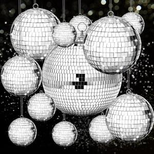 Beeveer 12 Pcs Large Mirror Disco Ball Light Mirror Ball Disco Party Decorations Silver Hanging Sets Reflective Ornament for Christmas Wedding Party Favor(8/5/3/2 Inch)