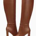Coutgo Women's Chunky Heeled Knee High Boots Classic Square Toe Zippered Leather Tall Boot, Dark Brown, Size 9.5