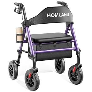 HOMLAND Walkers for Seniors with Seat, Foldable Rollator Walker, Reinforced Aluminum Frame, 8" Big Rubber Wheels for All Terrain, Height Adjustable Lightweight Rolling Walker