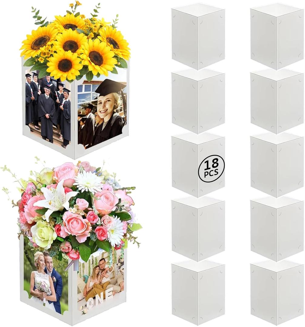 18 Pcs Graduation Picture Centerpiece for Table 4x6 Photo & Flower Display, Picture Frame Centerpieces Paper Box for Congrats Grad Birthday Baby Shower Wedding Decor (White, 5.5"x5.5"x7.1")