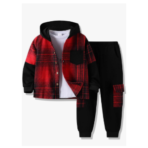 11-12 Years Boys Clothes Flannel Plaid Shirt Hooded Sweatshirt & Pants 2PCS Kids Boys Fall Winter Outfits Sets