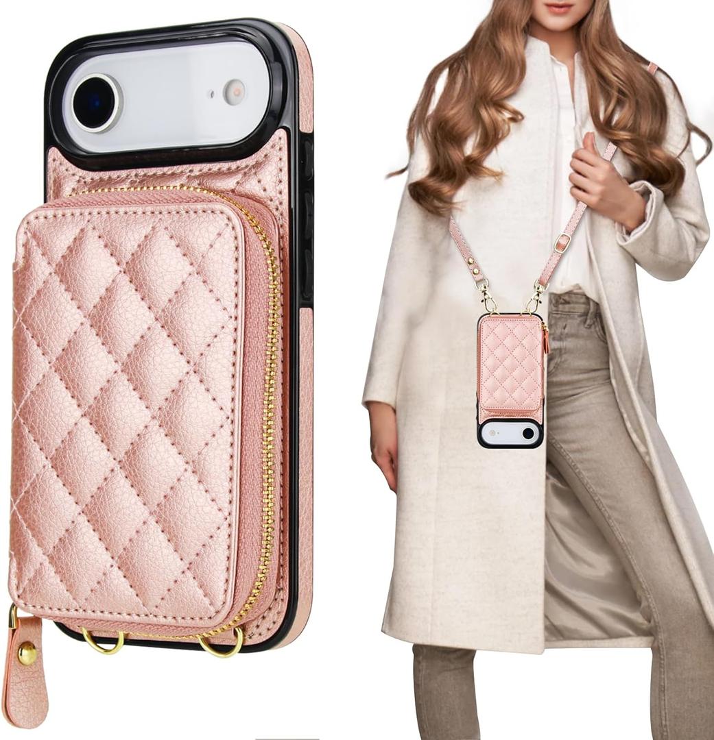 Bocasal Crossbody Wallet Case for iPhone 17 Air, RFID Blocking PU Leather Zipper Handbag Purse Flip Cover, Kickstand Folio Case with Card Slots Holder Wrist Strap Lanyard 5G 6.5 Inch (Rose Gold)