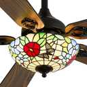 52" Tiffany Style Ceiling Fans with Lights, Vintage Chandelier Ceiling Fan with Stained Glass Shade, Dimmable LED, 6 Speeds Reversible for Bedroom (Butterfly Garden)