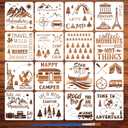 FINGERINSPIRE 16PCS Travel Theme Stencils for Painting 11.8x11.8inch | With Brush, Mountains Trees Compass Template Tent Campfire Airplane Suitcase Stencil Maple Leaf Moon Star Boat Fish Template