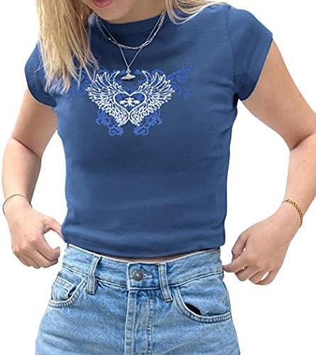 Meladyan Women Cute Letter Print Short Sleeve Crop Tee Shirt Top Crewneck Slim Fit T-Shrits 90s Egirls Streetwear, M