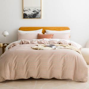 JELLYMONI 100% Natural Cotton 3pcs Striped Duvet Cover Sets, White Duvet Cover with Pink Stripes Pattern Printed Comforter Cover, with Zipper Closure & Corner Ties(Queen Size)