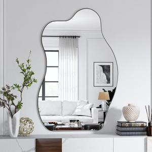 Koonmi 24" x 36" Irregular Wall Mirror, Asymmetrical Mirror Wood Frame Bathroom Mirror, Cloud Wavy Wall Mirror for Bedroom Entryway Living Room, Glass, Horizontal or Vertical
