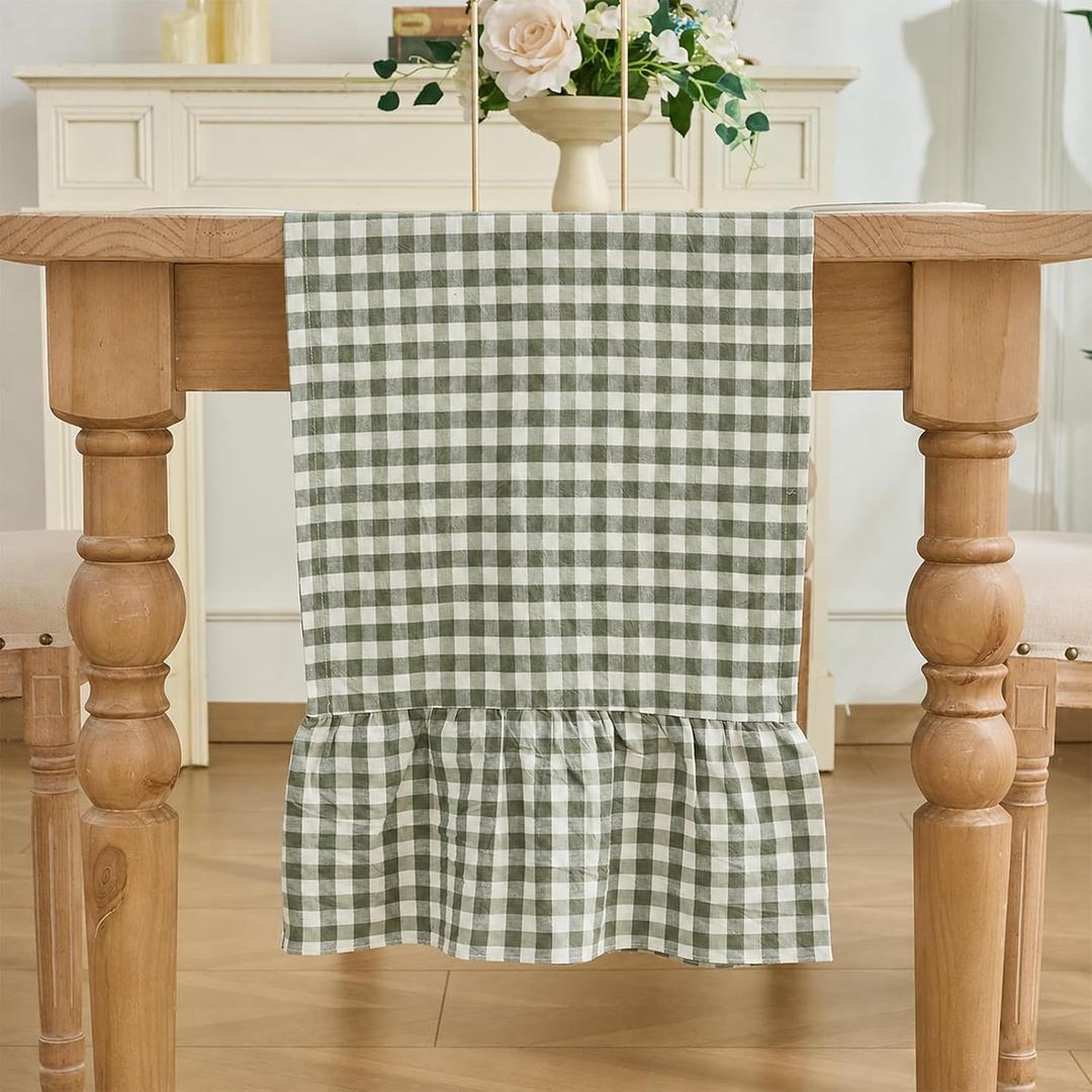 Sage Green Gingham Plaid Ruffle Table Runner 72 Inches Long, 100% Washed Cotton Double Layer Farmhouse Dining Decor for Holiday, Home Party Wedding, 13 x 72 inches