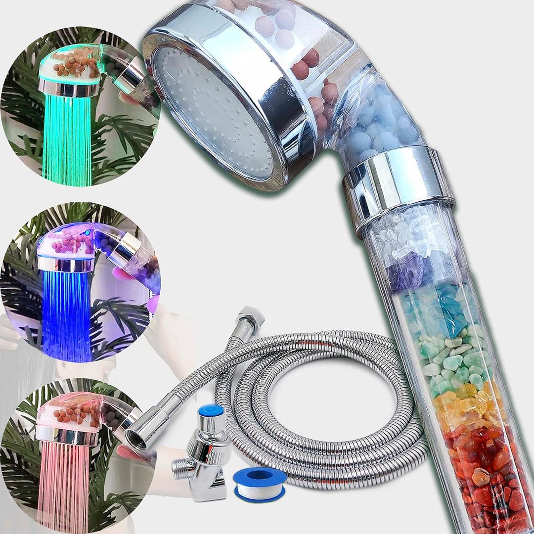 Chakra Crystal Shower Head LED Lights. Color Changing. Natural Gemstones. Healing Crystals. Water Purification. Mineral. Ph Balance. Healing Energy. 7 Stones. Water Filtering. Bathroom (LED Shower Head)