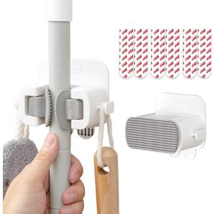 TAILI Mop and Broom Holder Wall Mount Grippers, 2 Hangers and 6 Adhesive Strips, Damage Free Hanging Wall Mount, Household Cleaning Organizer for Organization and Storage, Holds up to 4 lbs, Grey