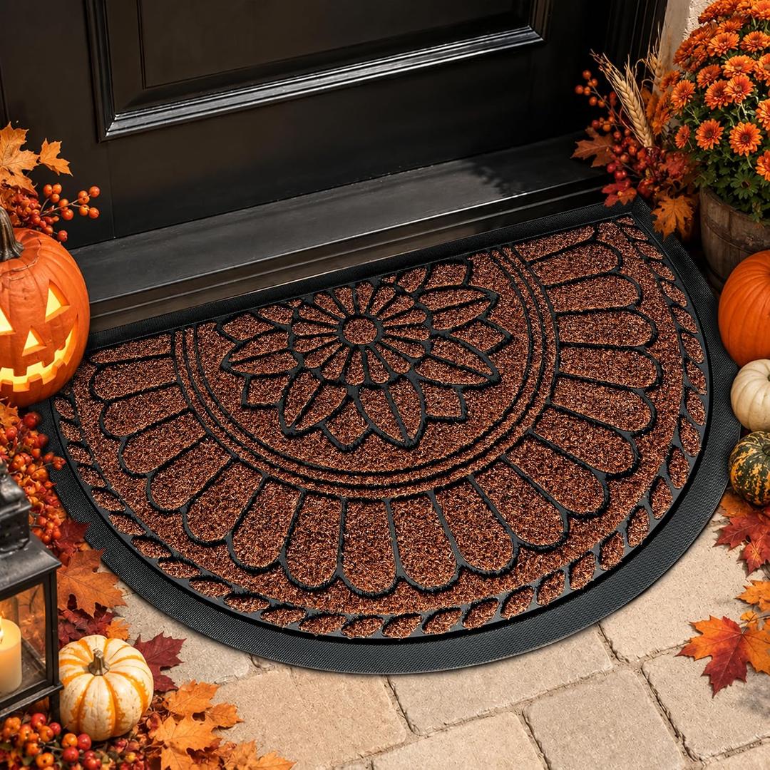Half Round Door Mat, Non-Slip Welcome Entrance Way Mat, Durable Rubber Door Mats, Low-Profile Heavy Duty Doormat, Half Circle Mats for Garage, Patio, High Traffic Areas, 23.5" x 35.5", Maroon