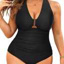 Aqua Eve Women Plus Size One Piece Swimsuits V Neck Tummy Control Bathing Suits Retro Ruched Swimwear, Solid Black, 20 Plus