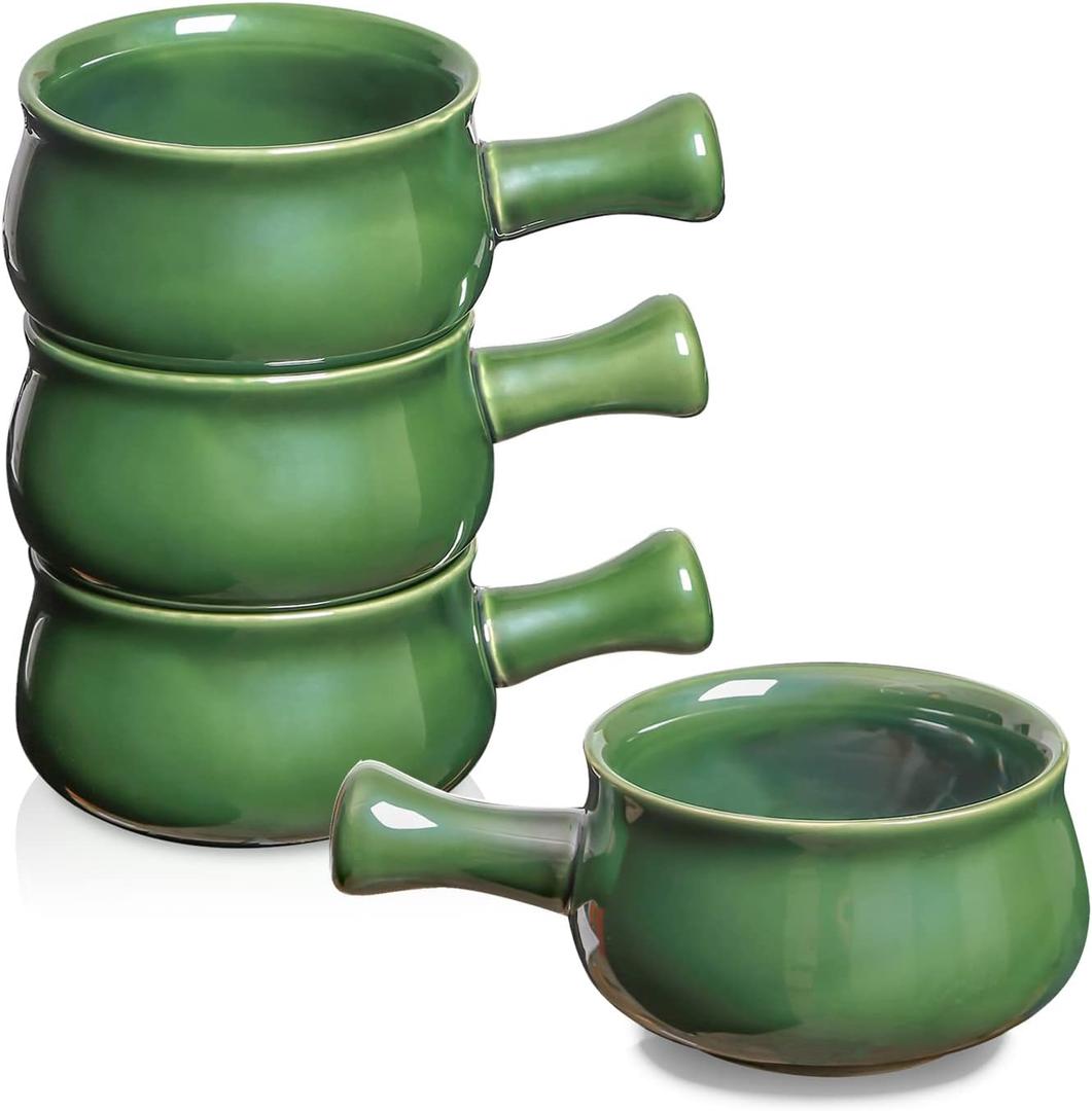 vicrays French Onion Soup Bowls With Handles, 26 Ounce for Soup, Chili, Beef Stew, Chip Resistant, Dishwasher Microwave Safe, Set of 4 (Green)
