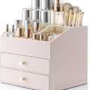Vlando Makeup Organizer,Skincare Organizer for VanityPU Leather Make up Organizer with Drawers Cosmetic Display Case for Countertop,Perfume,Gifts Ideas for Women (Apricot White)