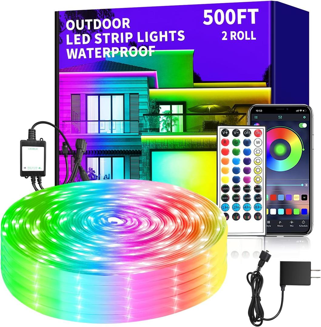 500ft Outdoor LED Strip Lights Waterproof,IP68 Waterproof Led Rope Lights with Remote and App ControlledMusic Sync RGB Outdoor Led Strip Lights for Bedroom,Roof,Courtyards2 Rolls of 250ft