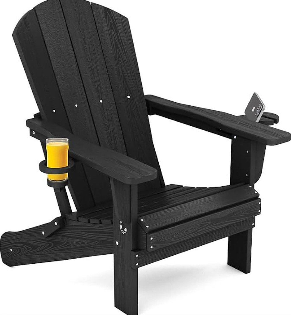 SERWALL HDPE Folding Adirondack Chair with Dual Cup Holder - Composite Adirondack Chair,  Black