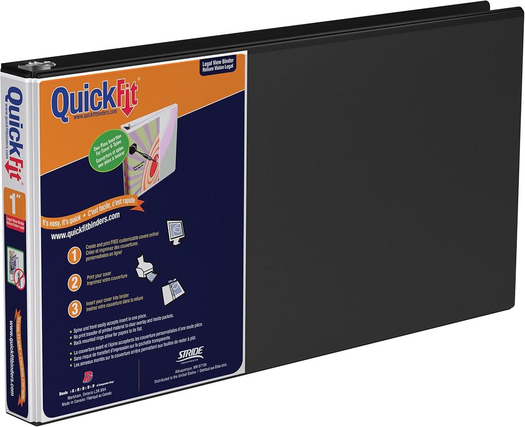 QuickFit Heavy-Duty 8.5" x 14" Landscape Legal Binder, 3-Ring Binder, Round Ring, Black, Single, 1 Inch