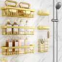 Veken Adhesive Shower Caddy 6-Pack,Gifts for Women Mom, Heavy Weight Bearing, Large Wall Mounted Bathroom Shelves Rack, Organizer Storage Accessories with Soap Dish & Toothbrush Holder, Bright Gold