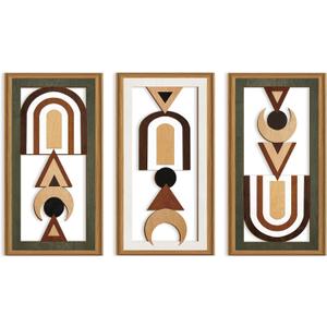 Ausril Geometric Aztec Wall Art,Minimalist Boho Geometric Wall Decor,Abstract Bohemian Wood Decor,Natural Modern Artwork,Mid Century Line Art Set,Modern Geometry Artwork for Living Room Bedroom Office