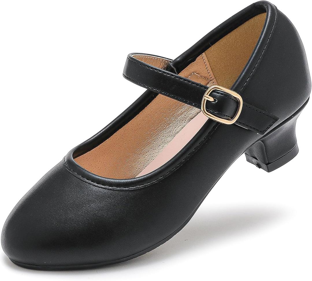 Dufannie Girls Dress Shoes Low Heel Princess Flats Mary Jane Flower Wedding Party Glitter Shoes for Kids Toddler (12 Little Kid, Classic Pu Black)