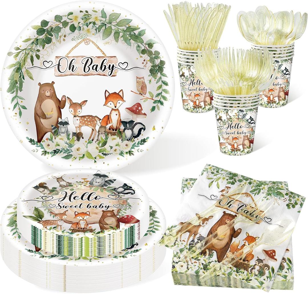 350 Pieces Woodland Baby Shower Decorations Set Serves 50 Guests, Forest Theme Party Supplies Tableware with Plates, Cups, Napkins, Disposable Tableware