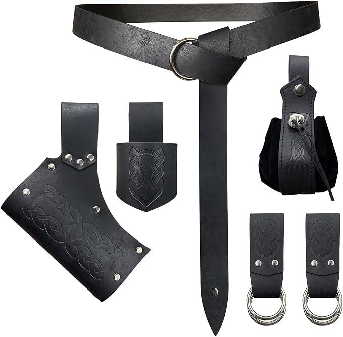 6 PCs Renaissance Belt Costume Accessories Pouch Skirt Sword Frog Viking Horn Belt Holster (Black)