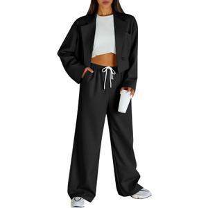 Fisoew Women's 2 Piece Outfits Casual Crop Blazer Jackets Loose Wide Leg Pants Fall Dressy Business Work Suit Sets (Black)