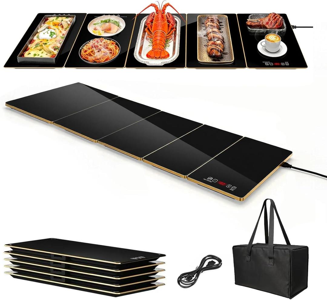 Electric Warming Tray XXXL 44"x16" with Storage Bag, AdjustableSize Food Warming Mat, 5in1 Expandable Modular, Food Warmer for Parties, Buffet, Catering & Gathering, 8Level Temp & Timer, Gold Edge