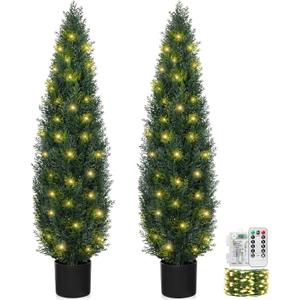 4FT Topiary Trees Artificial Outdoors 2 Pack, Two 4 Foot UV Resistant Faux Cedar Topiary Ball for Outdoor Front Porch Door, Set of 2 Fake Pine Cypress Tree with Led String Light
