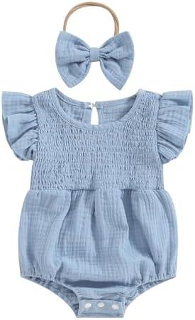 Newborn Baby Girl Clothes Ruffle Sleeve Solid Smocked Bubble Romper Jumpsuit Bow Headband Cute Summer Clothes Size 74