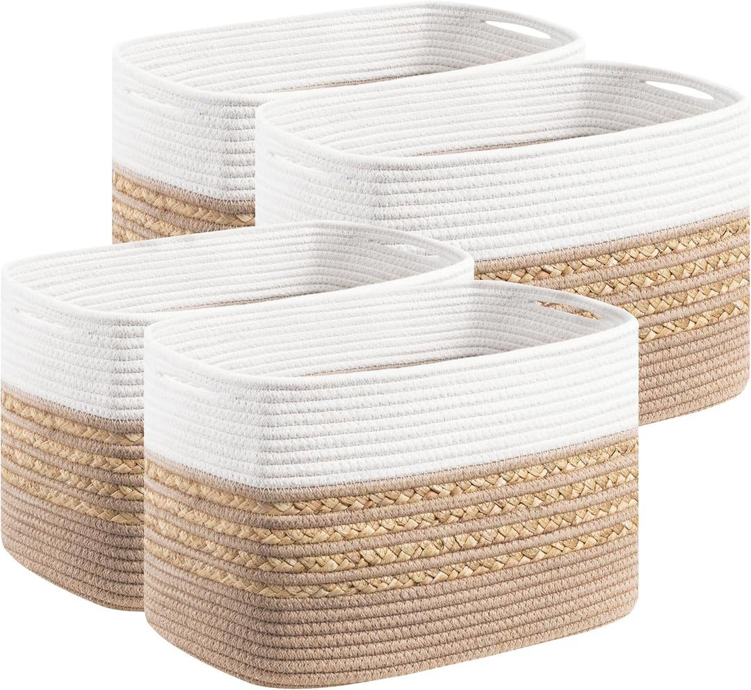 UBBCARE 4 Pack Baskets for Organizing, Woven Storage Baskets for Toys and Towel, Rectangle Cotton Rope Basket with Handles, 14''L x 8''W x9''H, Brown