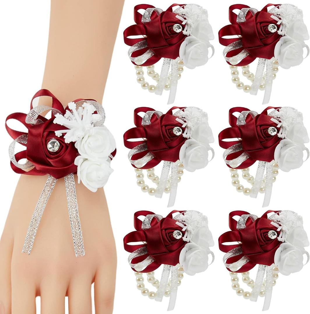 Wine Red Wrist Corsage for Prom, 6pcs Burgundy Rose Wrist Corsages for Wedding Bridal Bridesmaid Girl Women, Hand Flower for Wedding Party Homecoming Ceremony Anniversary Prom Flower Corsages