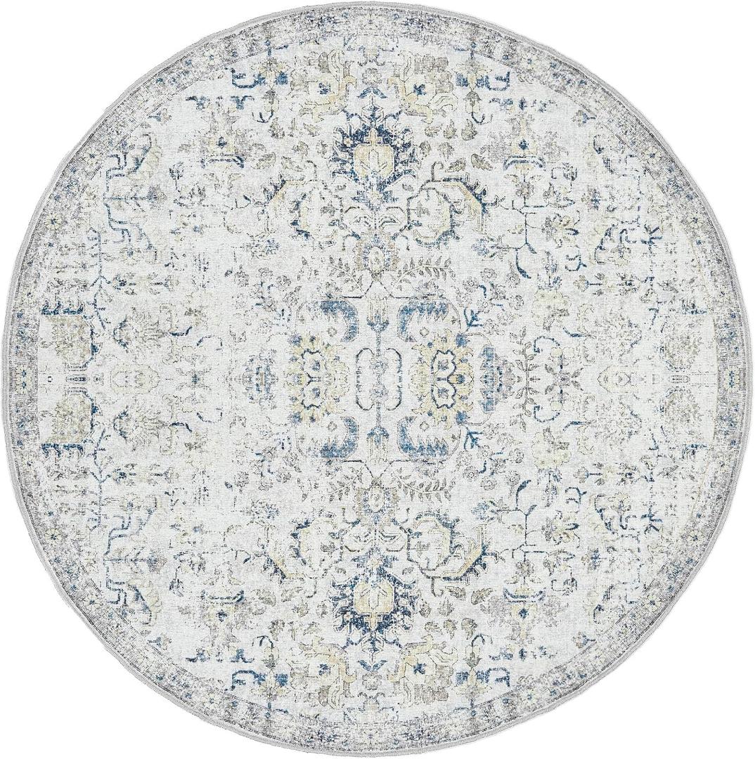 jinchan Kalen Round Rug 6ft Area Rug Washable Vintage Indoor Retro Accent Floor Cover Distressed Floral 6' Round Circle Boho Non Slip Thin Carpet for Living Room Dining Room Bedroom Kitchen Blue