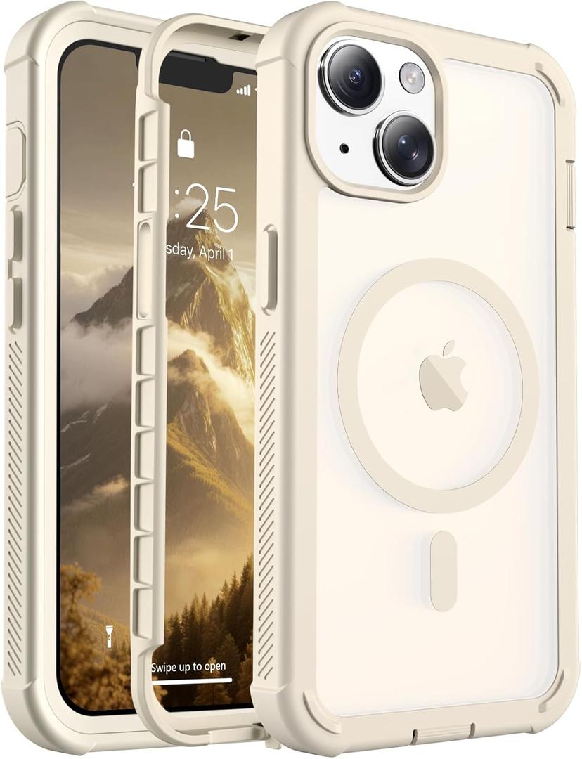 Magnetic for iPhone 14 Case, [Compatible with MagSafe][Military Grade Drop Protection][Heavy Duty Protection][Non-Slip][Shockproof] 2-Layer Durable Bumper Phone Case 6.1''-Antique White