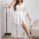 EYWOL Wedding Guest Dress Plus Size Ruffle Bell Sleeve V Neck A Line Flowy Empire Waist Maxi Dresses with Slit (White, XL)