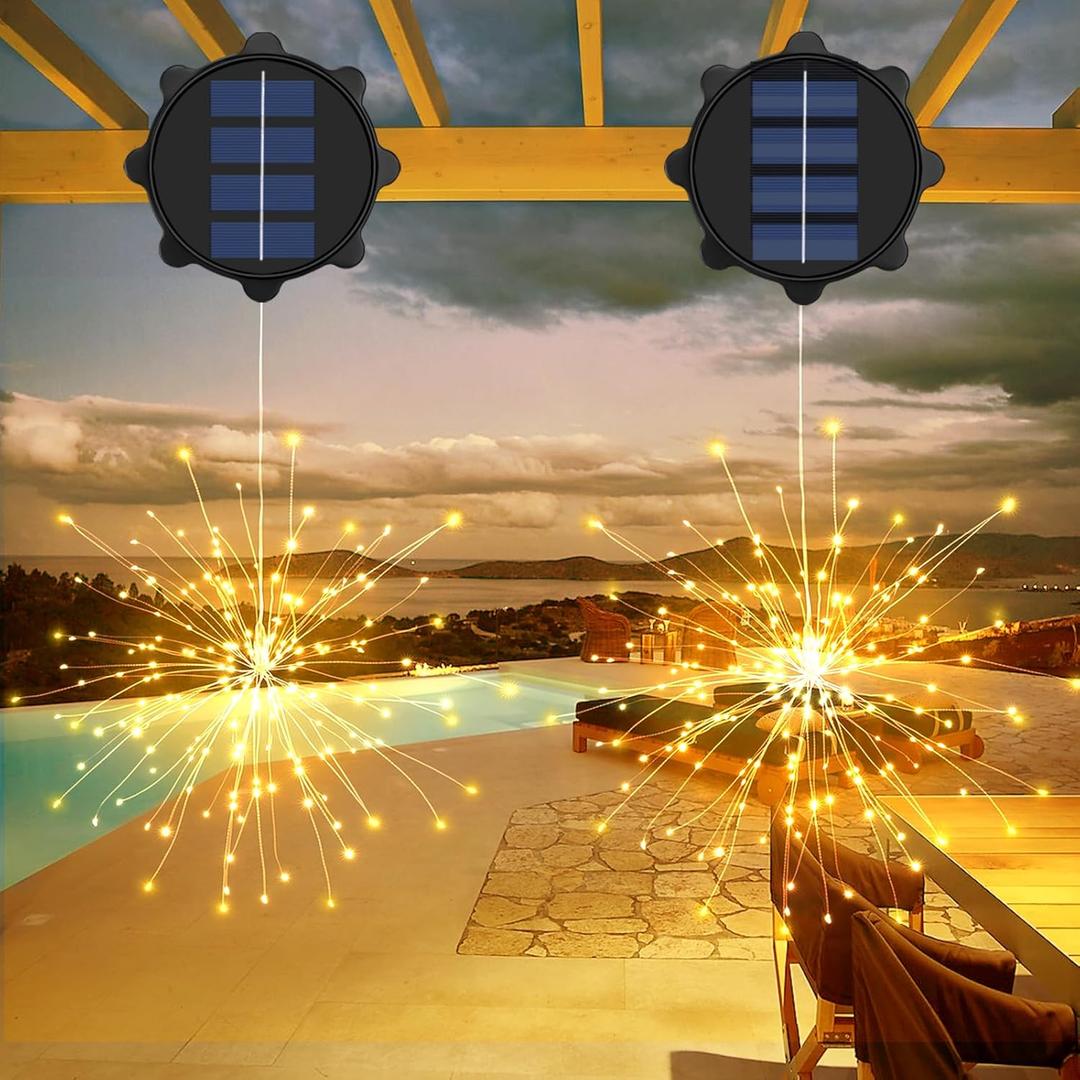 2 PCS Solar Christmas Lights Outdoor Solar Firework Light, 240 LED Solar Powered Hanging Lights Outdoor Waterproof Fairy Light Christmas Decorations (Warm White, Pack of 2)