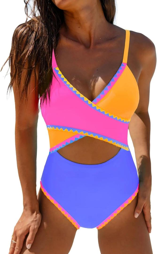 popvil One Piece Swim Suit for Women 2026 Neon Bathing Suit Cut Out Wrap Color Block Swimsuits Shell Stitched Swimwear (S)