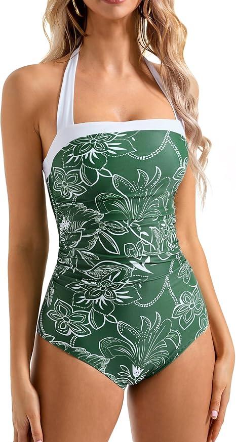 SUUKSESS Women Sexy Tummy Control One Piece Swimsuit Halter Retro Bathing Suit Small