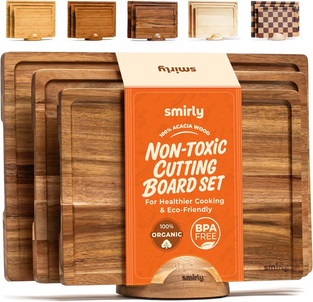SMIRLY Wood Cutting Boards For Kitchen Meal Prep & Serving, Bamboo Cutting Board Set, Charcuterie Chopping Boards and Wooden Cutting Boards for Kitchen (3 Pack With Holder)