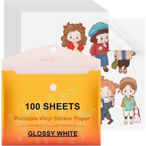HTVRONT Printable Vinyl Sticker Paper, 100 Sheets Glossy Waterproof Sticker Paper For Inkjet Printer Dries Quickly-Standard Letter Size 8.5"X11"