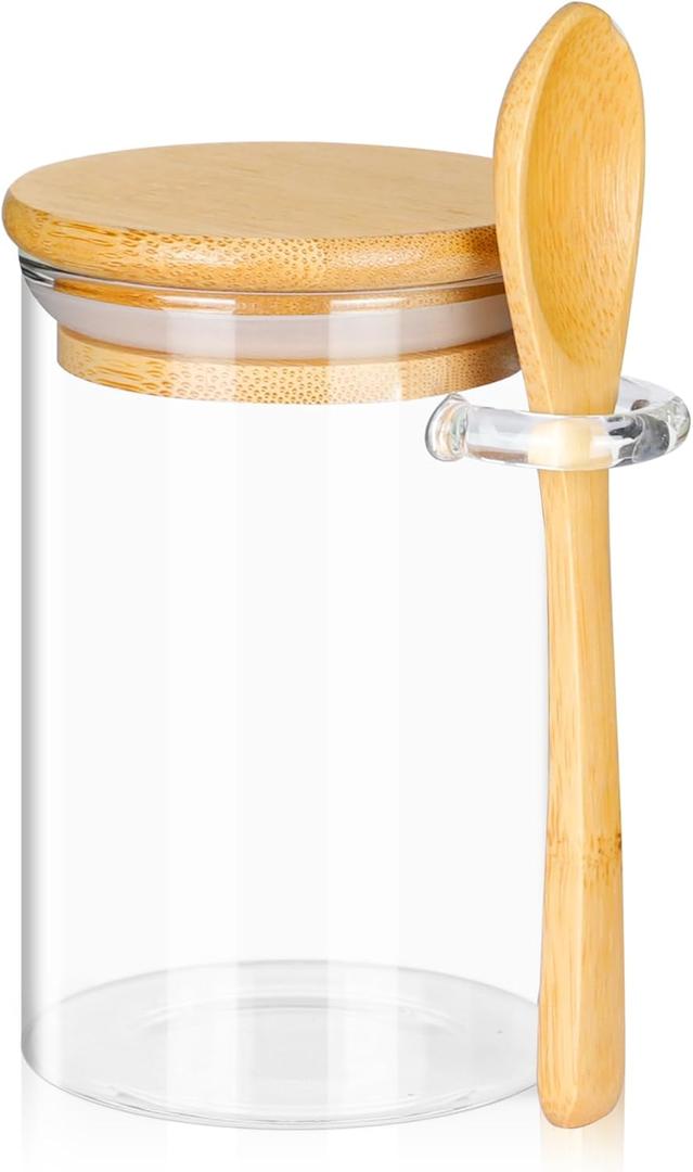 Sugar Container with Bamboo Lid and Spoon,8.5 oz Glass Jar for Coffee Bar Accessories Storage Canister Kithcne Decor Housewarming Gift Refillable Design