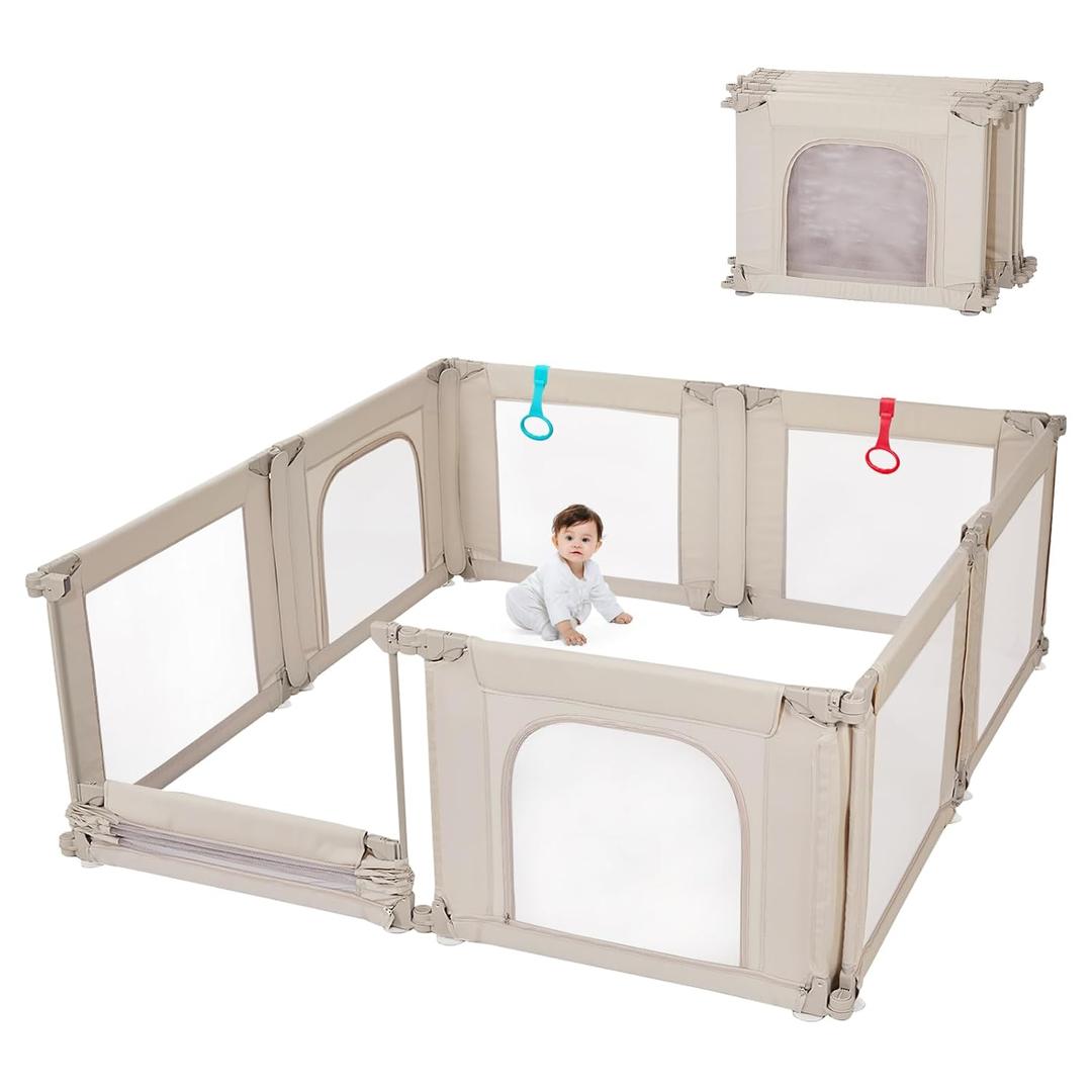 Doradotey Baby Playpen, Shape & Size Adjustable Large Baby Playard for Babies and Toddlers, Foldable Playpen Fence Indoors Play Center Yards, Breathable Mesh Anti-Fall Play Pen 79x71, Cream