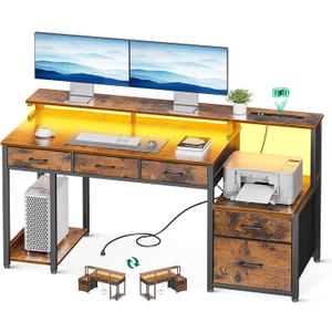 AODK 55 Inch Computer Desk with 3 Drawers and File Cabinet for Storage, Office Desk with Monitor Stand and LED Lights, Home Office Desks, Vintage